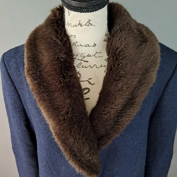 Talbots Womens Aberdeen Navy Blue Faux Fur Collar Wool Blend Jacket Blazer 16 - Picture 4 of 10